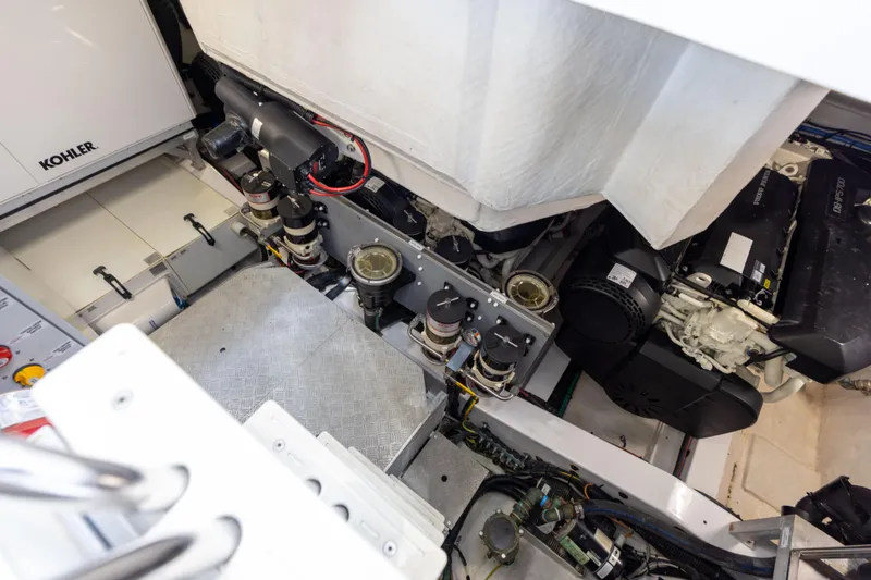 Slide: The Image of Engine room of 2021 Azimut S6 Sportfly yacht, showcasing mechanical components and equipment. - 182