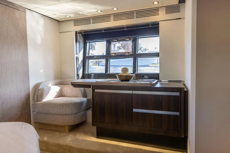 Slide: The Image of Luxurious bedroom interior of 2021 Azimut S6 Sportfly yacht with modern design and cozy bedding. - 74