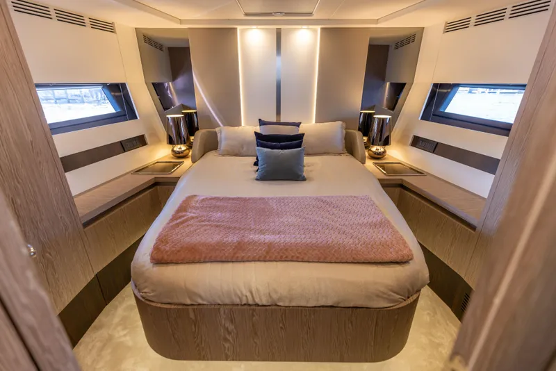 Slide: The Image of Luxurious bedroom interior of 2021 Azimut S6 Sportfly yacht with modern design and cozy bedding. - 75