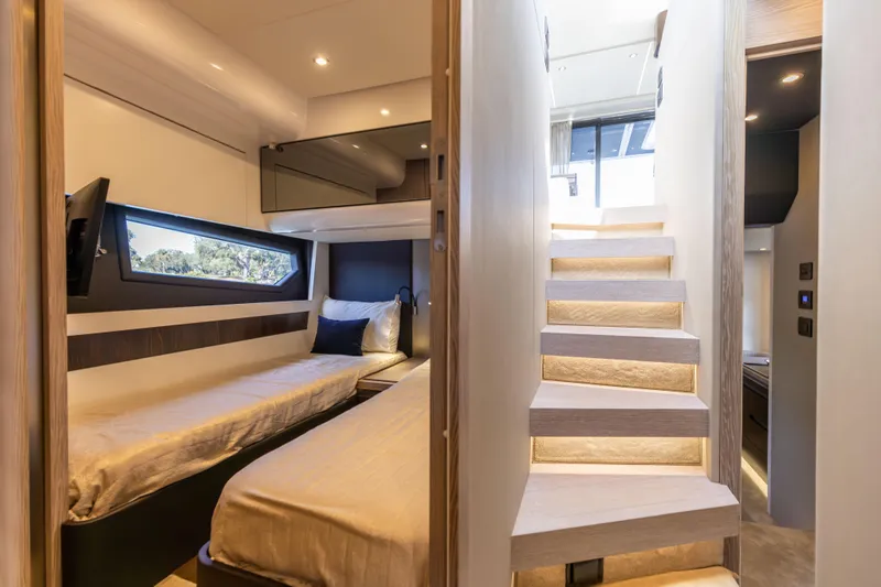 Slide: The Image of Interior of 2021 Azimut S6 Sportfly yacht with twin beds and modern design. - 87