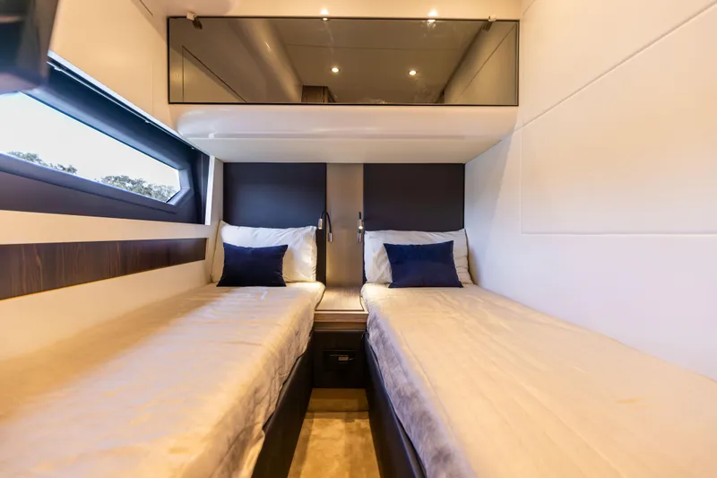 Slide: The Image of Luxurious interior of 2021 Azimut S6 Sportfly yacht cabin with scenic window view. - 88