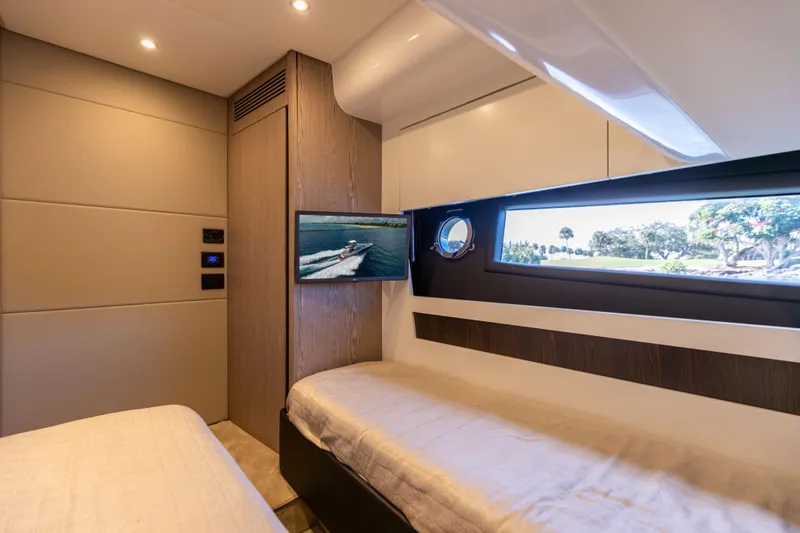 Slide: The Image of Luxurious interior of 2021 Azimut S6 Sportfly yacht cabin with modern design and window view. - 89