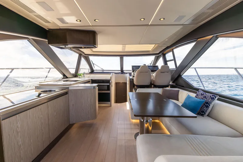 Slide: The Image of Luxurious interior of 2021 Azimut S6 Sportfly yacht with modern seating and ocean view. - 97