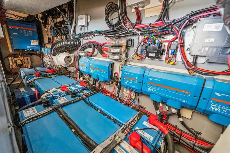 Slide: The Image of Electrical system setup in a Balance 482 model, featuring batteries and wiring, 2024. - 112