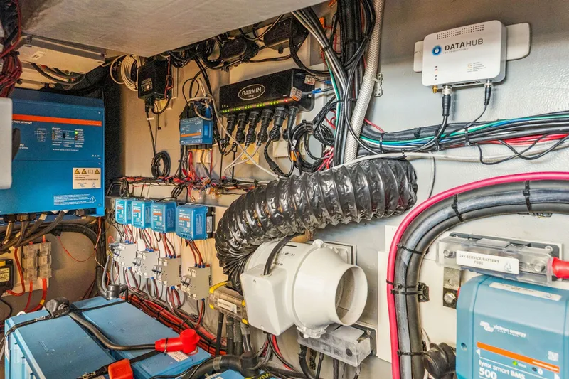 Slide: The Image of Electrical system setup in a 2024 Balance 482 model, featuring wiring and control units. - 115