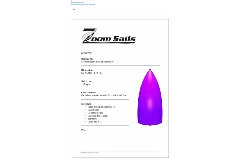 Slide: The Image of Zoom Sails Balance 482 Symmetrical Cruising Spinnaker, 2023 model, purple, 153 sqm sail area. - 150