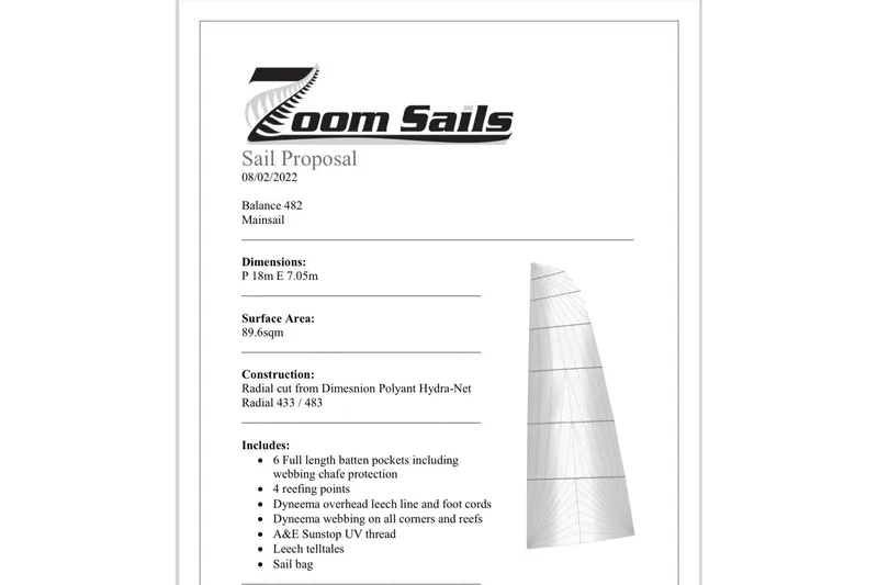 Slide: The Image of Sail proposal document for Balance 482 mainsail, featuring dimensions and construction details. - 152