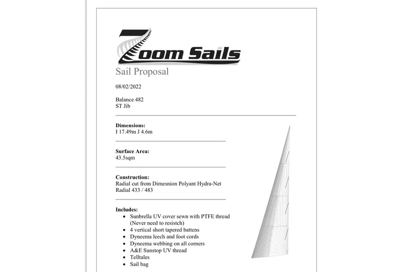 Slide: The Image of Sail proposal document for Balance 482 model, featuring dimensions and construction details. - 153
