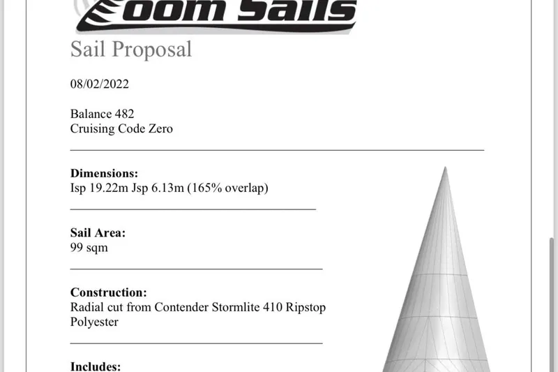 Slide: The Image of Sail proposal for Balance 482, featuring Cruising Code Zero, 99 sqm sail area. - 154