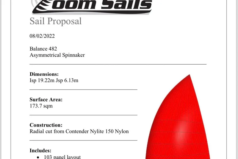 Slide: The Image of Sail proposal for Balance 482, featuring asymmetrical spinnaker with red design and technical specifications. - 155