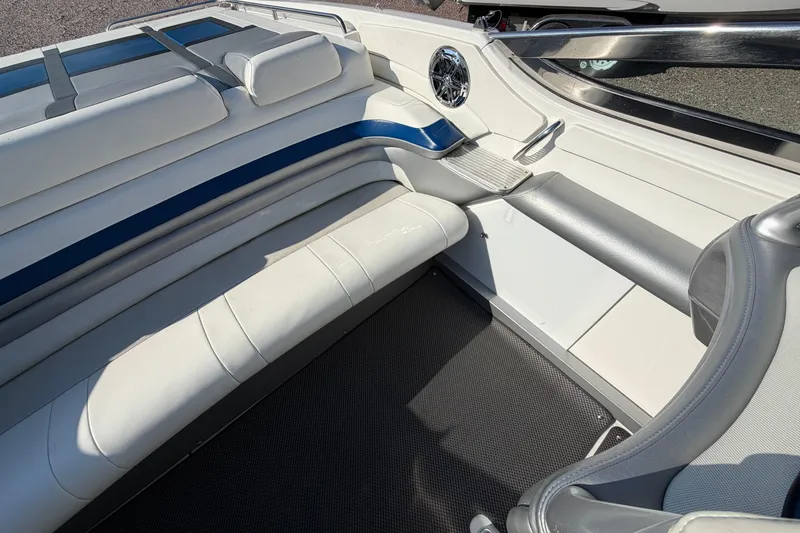 Slide: The Image of 2019 Formula 353 FASTech boat interior with white and blue seating, sleek design. - 58