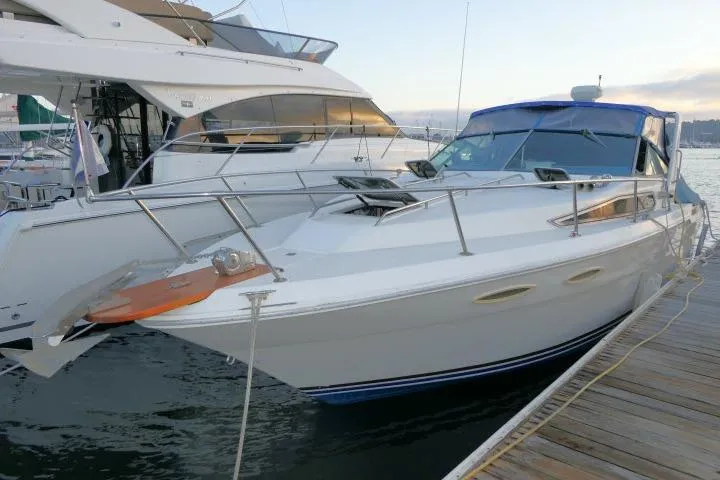 The Image of 1988 Sea Ray 300 Weekender docked at marina, featuring sleek design and blue canopy. - 1