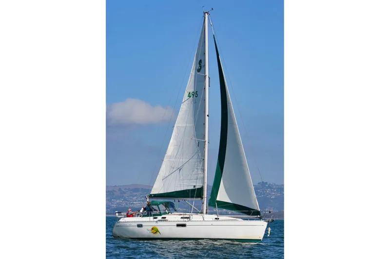 Slide: The Image of 1995 Beneteau Oceanis 351 sailboat on open water, clear sky background. - 72