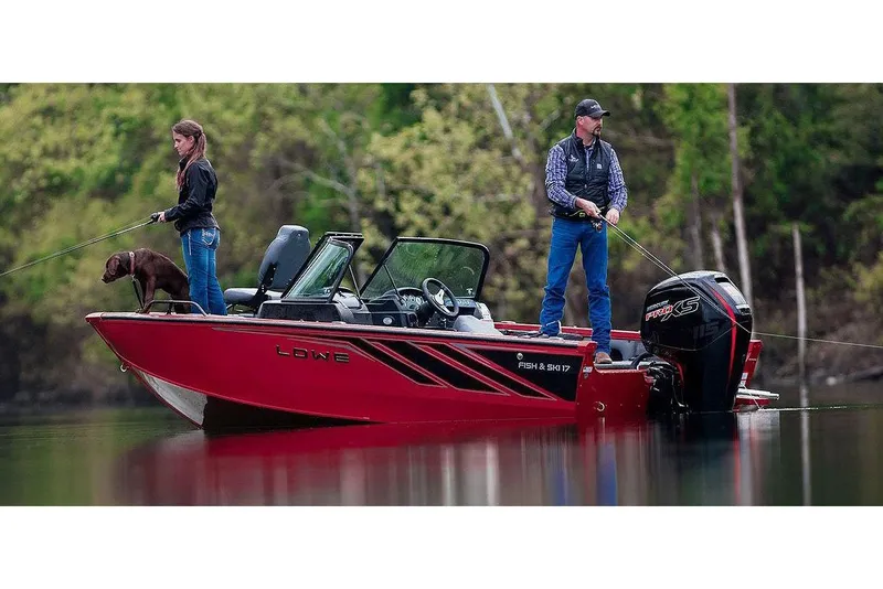 The Image of 2026 Lowe Fish & Ski 1700 boat on trailer outside dealership. - 0