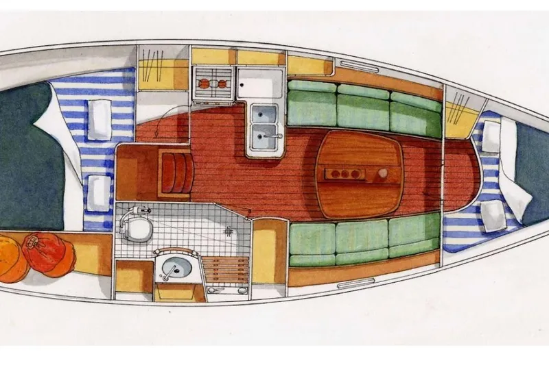 Slide: The Image of Floor plan of a 2005 Beneteau 323 sailboat, featuring cabin layout and amenities. - 48