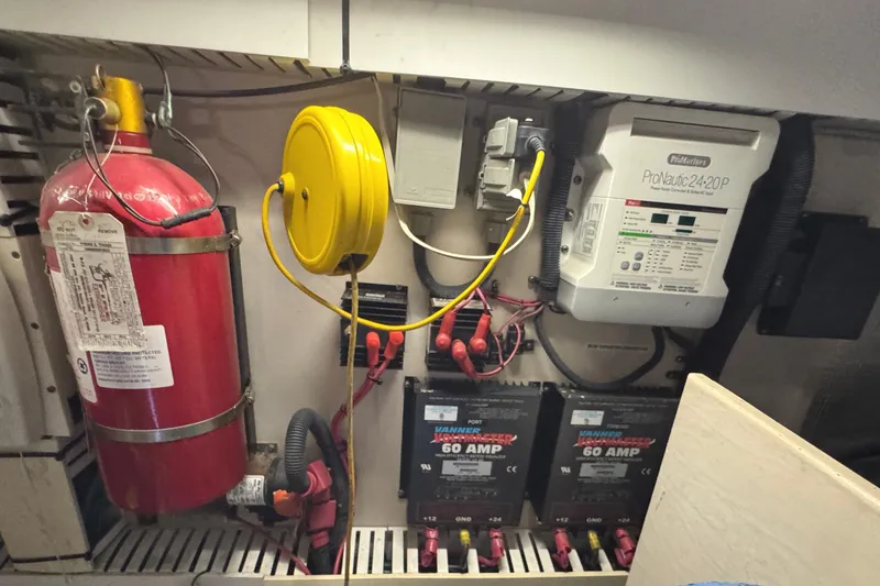 Slide: The Image of Engine room of 2004 Sea Ray 560 Sedan Bridge with fire extinguisher and electrical components. - 67