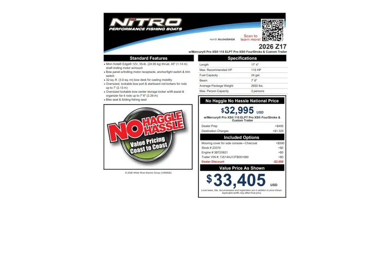 Slide: The Image of Nitro Z17 2026 fishing boat features and pricing details with no-haggle offer. - 3