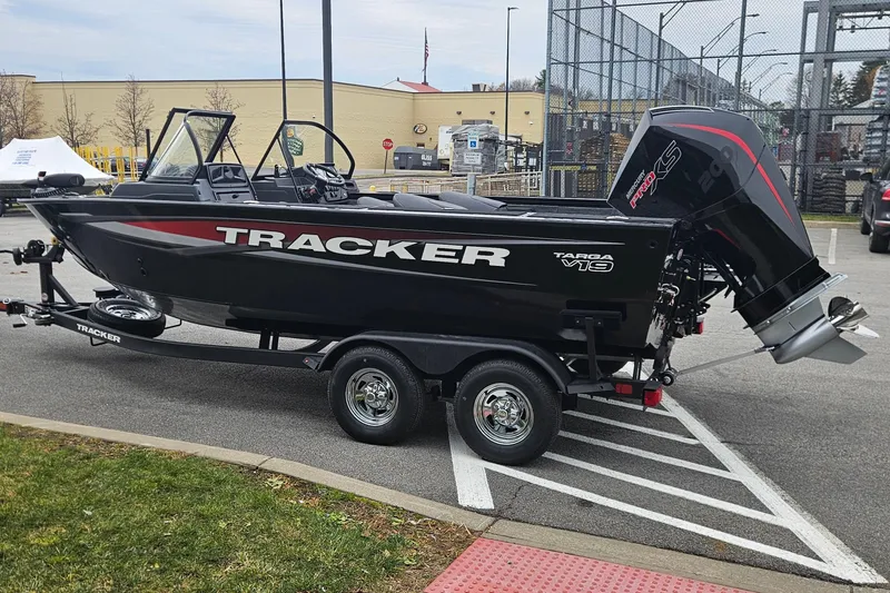 Slide: The Image of 2026 Tracker Targa V-19 Combo boat, top view, showcasing seating and layout. - 3