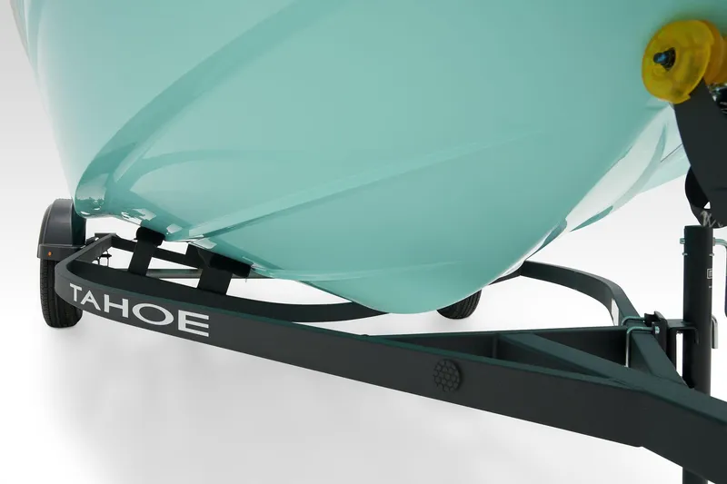 Slide: The Image of 2026 Tahoe T16 boat interior with white and gray seating, open deck view. - 8