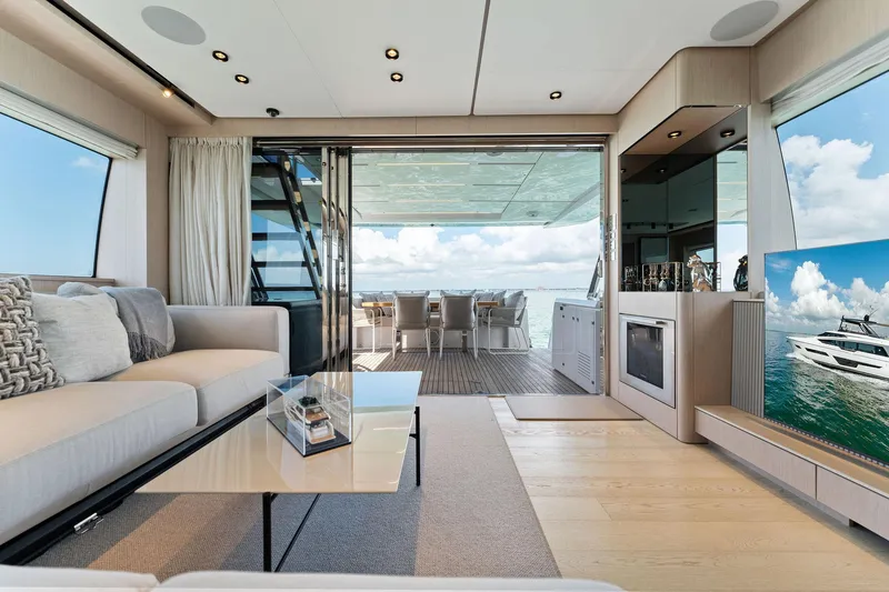 Slide: The Image of Luxurious interior of 2023 Ferretti Yachts 780 with ocean view and elegant furnishings. - 30