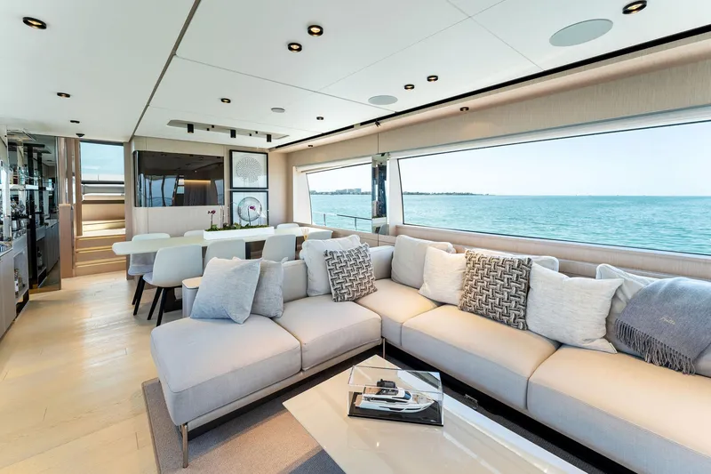 Slide: The Image of Luxurious interior of 2023 Ferretti Yachts 780 with ocean view and elegant seating. - 34