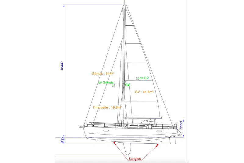 Slide: The Image of Line drawing of Boreal 47 sailboat, 2017 model, with sail dimensions and measurements. - 35