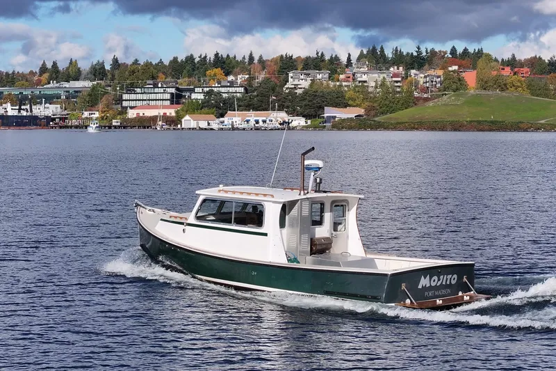 Slide: The Image of 1984 Martin Yachts Lobster Boat cruising on a scenic lake with a vibrant shoreline. - 6