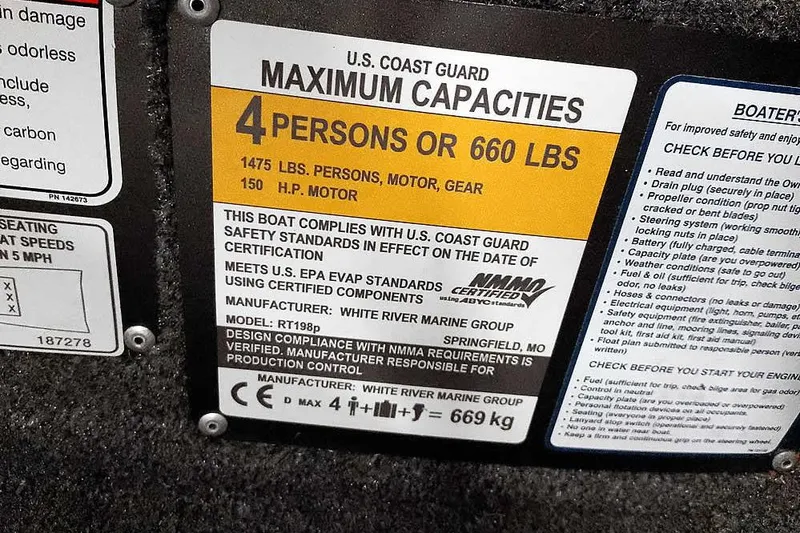 Slide: The Image of 2023 Ranger RT198P boat capacity label, U.S. Coast Guard certified, 4 persons or 660 lbs. - 32