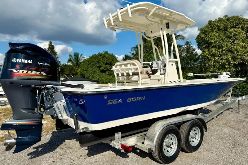 Slide: The Image of 2017 Sea Born FX24 Bay boat on trailer with Yamaha VMAX engine. - 28