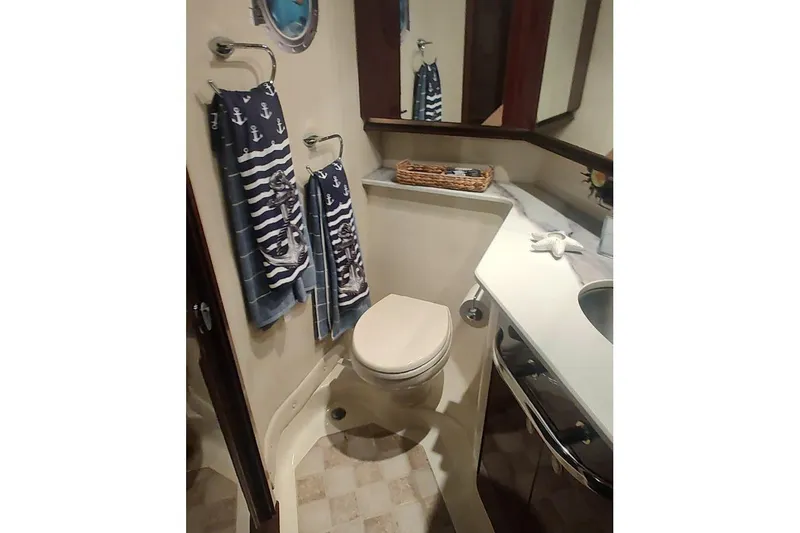 Slide: The Image of Bathroom interior of 2007 Sea Ray 58 Sedan Bridge yacht with nautical-themed decor. - 50