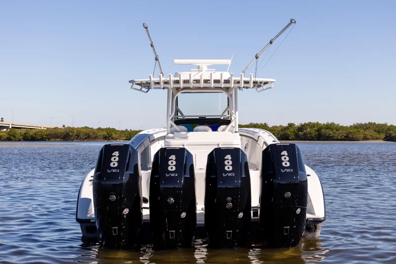 Slide: The Image of 2024 Yellowfin 39 Offshore boat with four powerful Mercury 400 V10 engines. - 4