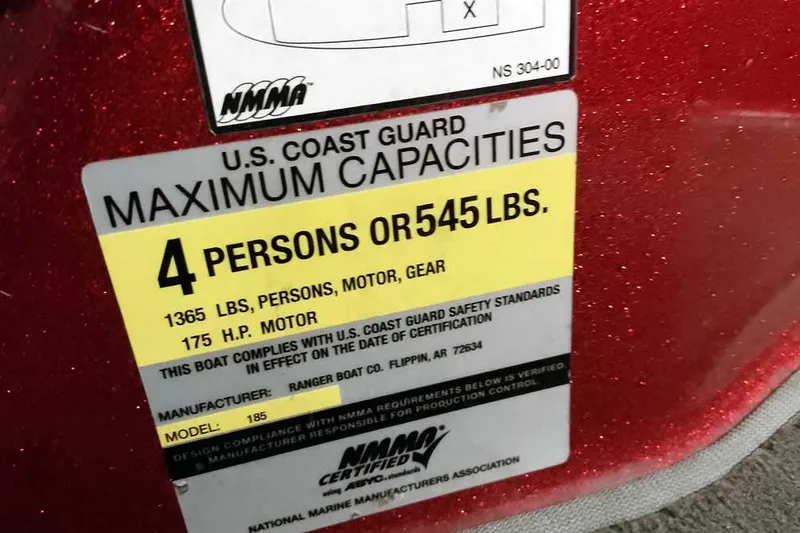 Slide: The Image of 2005 Ranger 185 VX boat capacity label, U.S. Coast Guard certified for 4 persons or 545 lbs. - 30