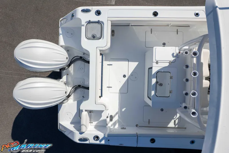 Slide: The Image of Top view of 2026 Sea Hunt Gamefish 28 Coffin Box boat with dual engines. - 42