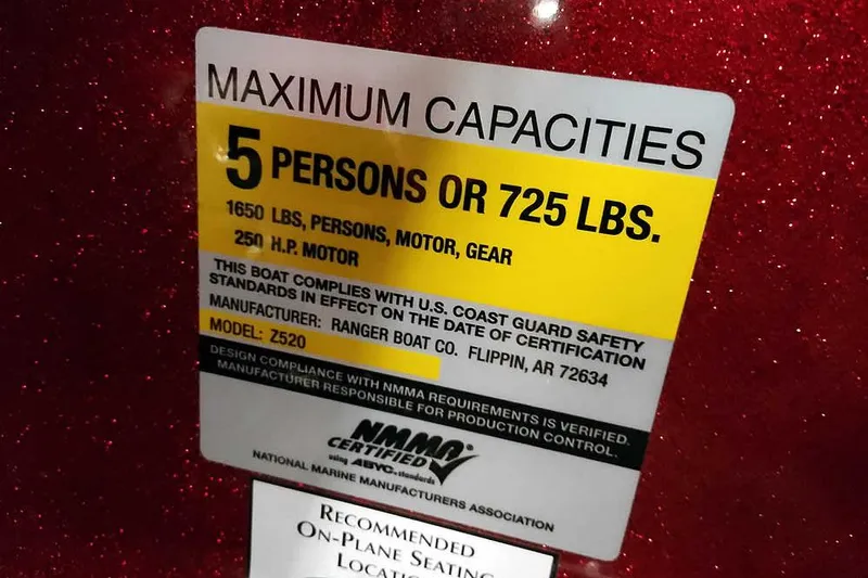 Slide: The Image of 2008 Ranger Z520 Comanche capacity label, 5 persons or 725 lbs, 250 HP motor. - 35
