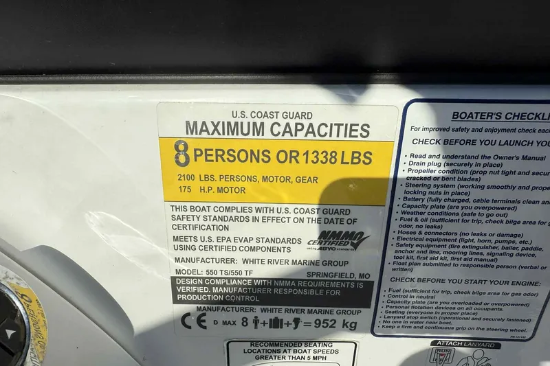 Slide: The Image of 2021 Tahoe 550 TS capacity label, 8 persons or 1338 lbs, 175 HP motor. - 17