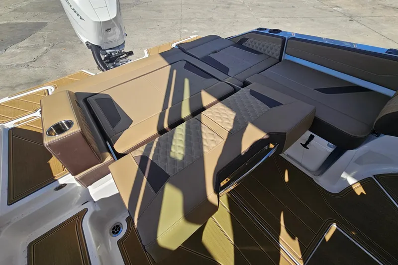 Slide: The Image of Luxury seating on 2026 Monterey Elite 27 OB boat, featuring premium upholstery and modern design. - 22