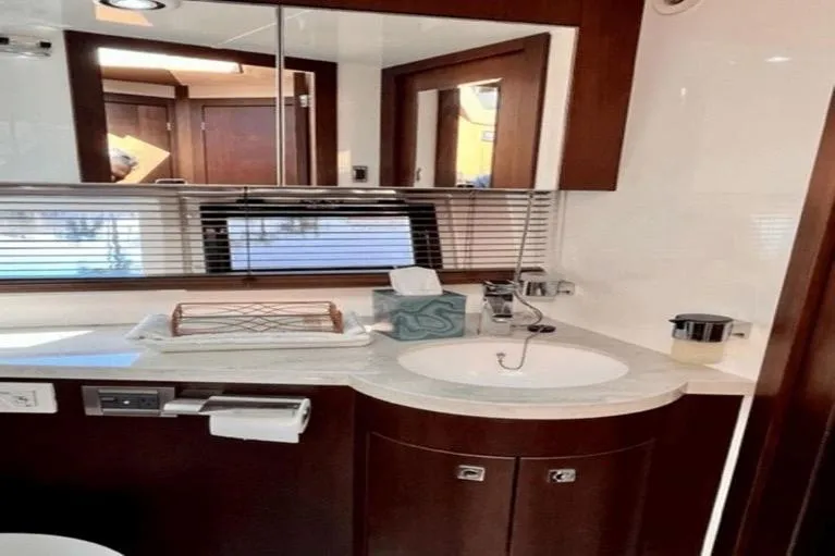 Slide: The Image of Luxury bathroom interior of 2017 Galeon 380 Fly yacht, featuring modern fixtures and elegant design. - 17