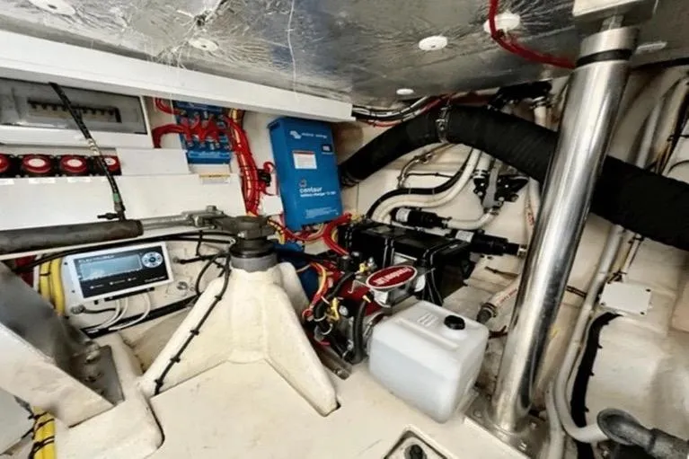 Slide: The Image of Engine room of 2017 Galeon 380 Fly yacht, showcasing mechanical and electrical components. - 20