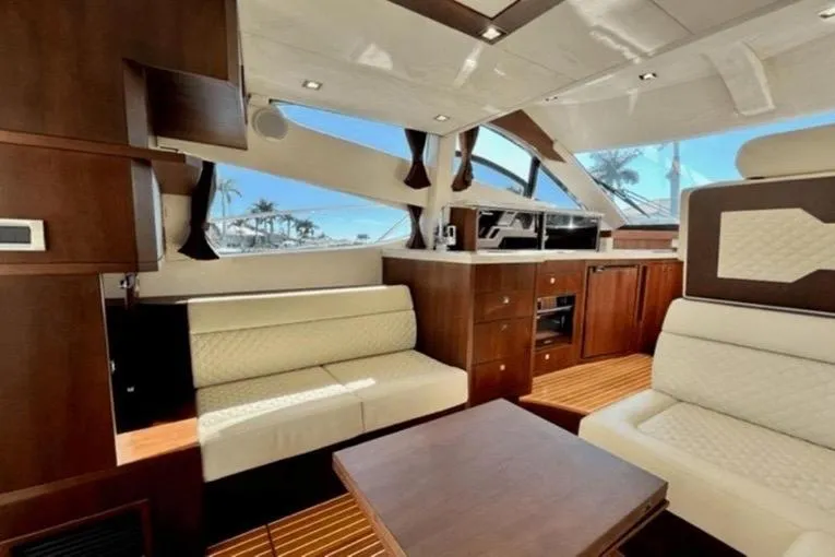 Slide: The Image of Luxurious interior of 2017 Galeon 380 Fly yacht with elegant wood and leather finishes. - 8