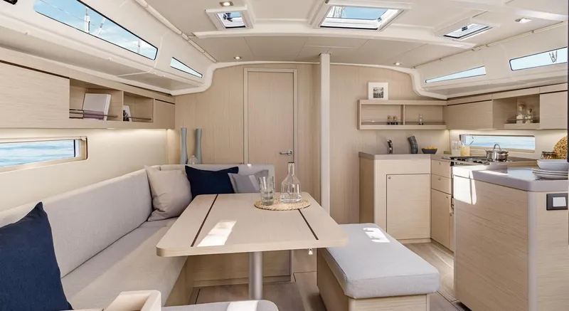 Slide: The Image of Luxurious interior of 2026 Beneteau Oceanis 40.1 yacht with modern furnishings and ample natural light. - 2