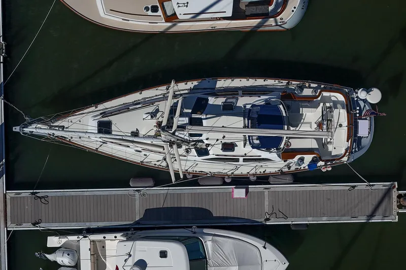 Slide: The Image of Overhead view of a 2007 Morris Ocean Series 45 yacht docked at a marina. - 5