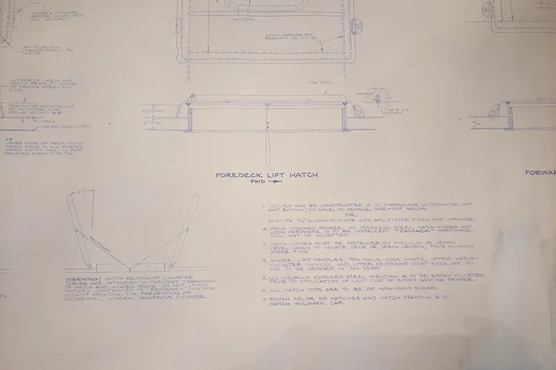 Slide: The Image of Blueprint of Bruce Bingham Custom 47 Steel Hull, 1992, detailing foredeck left hatch design. - 26
