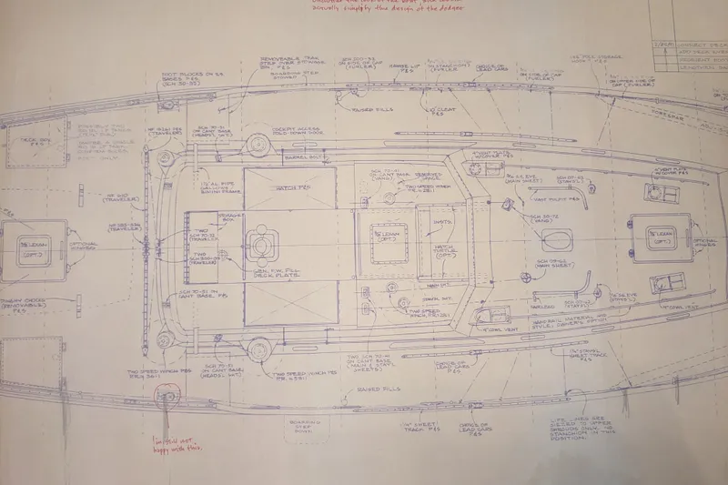 Slide: The Image of Blueprint of 1992 Bruce Bingham Custom 47 Steel Hull sailboat, detailed deck layout. - 27