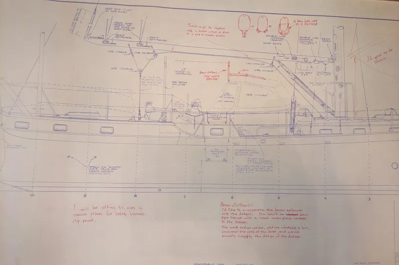 Slide: The Image of Blueprint of 1992 Bruce Bingham Custom 47 Steel Hull sailboat with detailed annotations. - 28