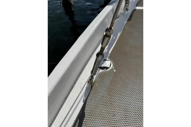 Slide: The Image of Close-up of deck and railing on 1992 Bruce Bingham Custom Steel Hull 47 boat. - 34