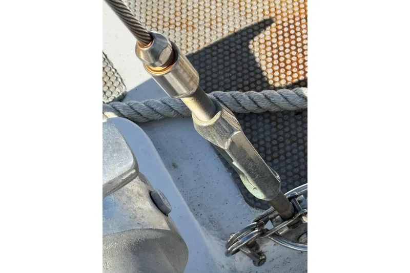 Slide: The Image of Close-up of rigging hardware on 1992 Bruce Bingham Custom Steel Hull 47 sailboat. - 35