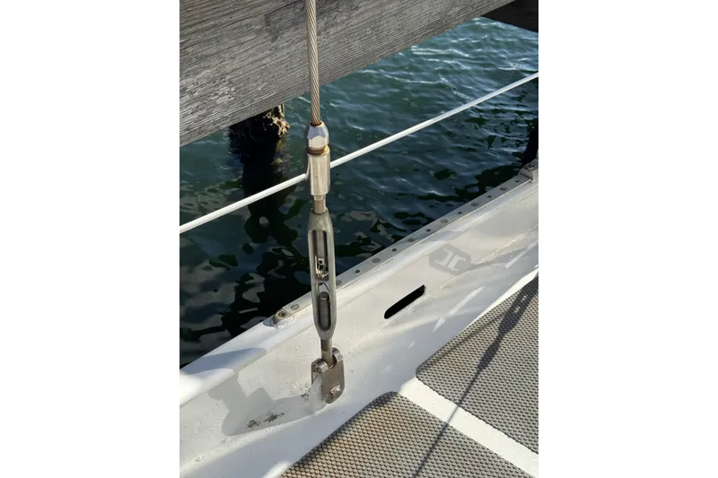 Slide: The Image of Close-up of rigging on 1992 Bruce Bingham Custom Steel Hull 47 sailboat. - 38