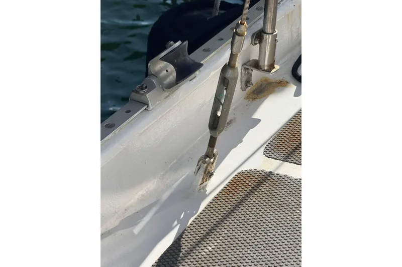 Slide: The Image of Close-up of 1992 Bruce Bingham Custom Steel Hull 47 deck fittings and rigging. - 39