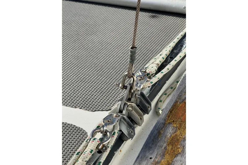 Slide: The Image of Close-up of rigging on 1992 Bruce Bingham Custom Steel Hull 47 sailboat. - 41