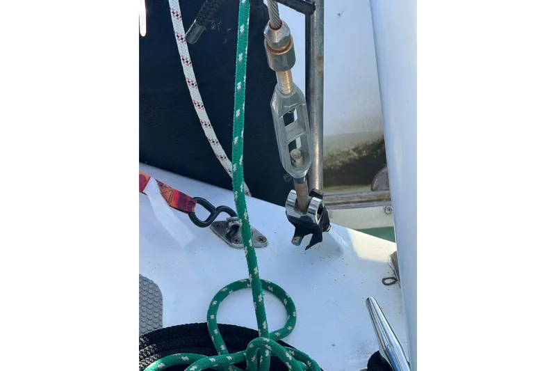 Slide: The Image of Close-up of rigging on 1992 Bruce Bingham Custom Steel Hull 47 sailboat. - 43